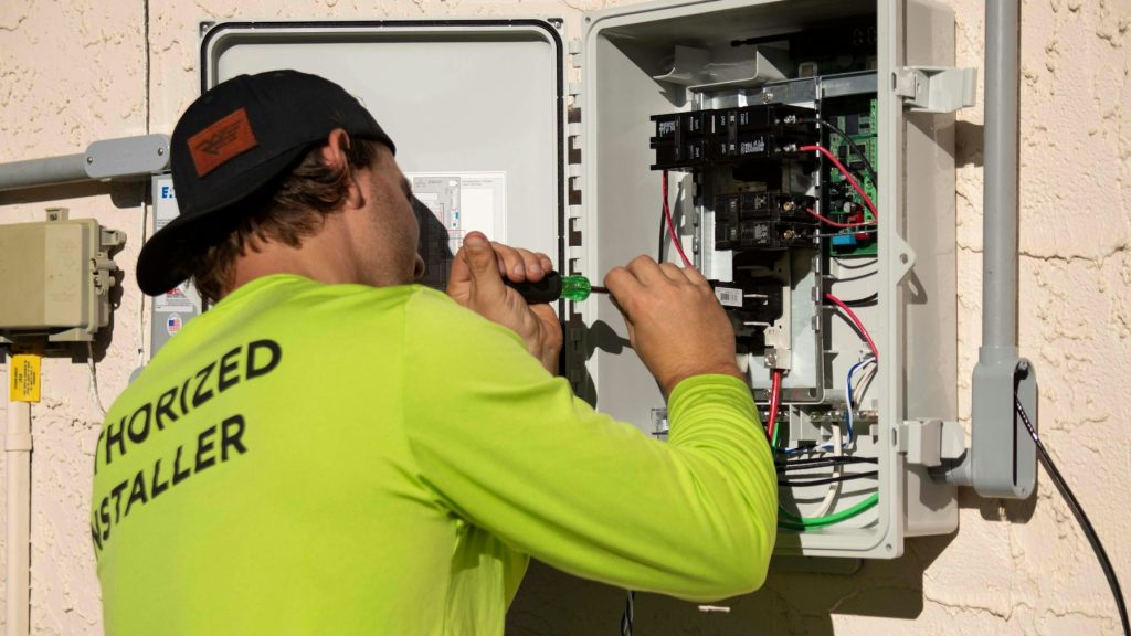 Installer wiring an outdoor equipment control panel