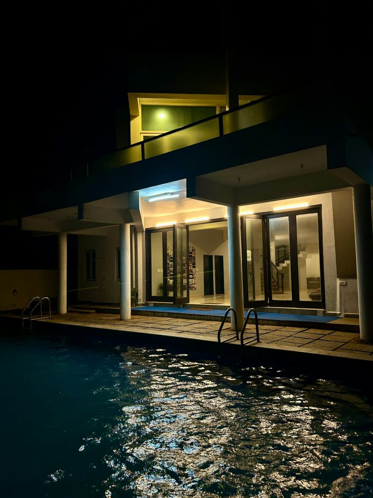 Modern pool with lights on in the evening