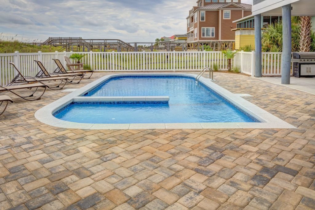 Clear residential swimming pool with no people